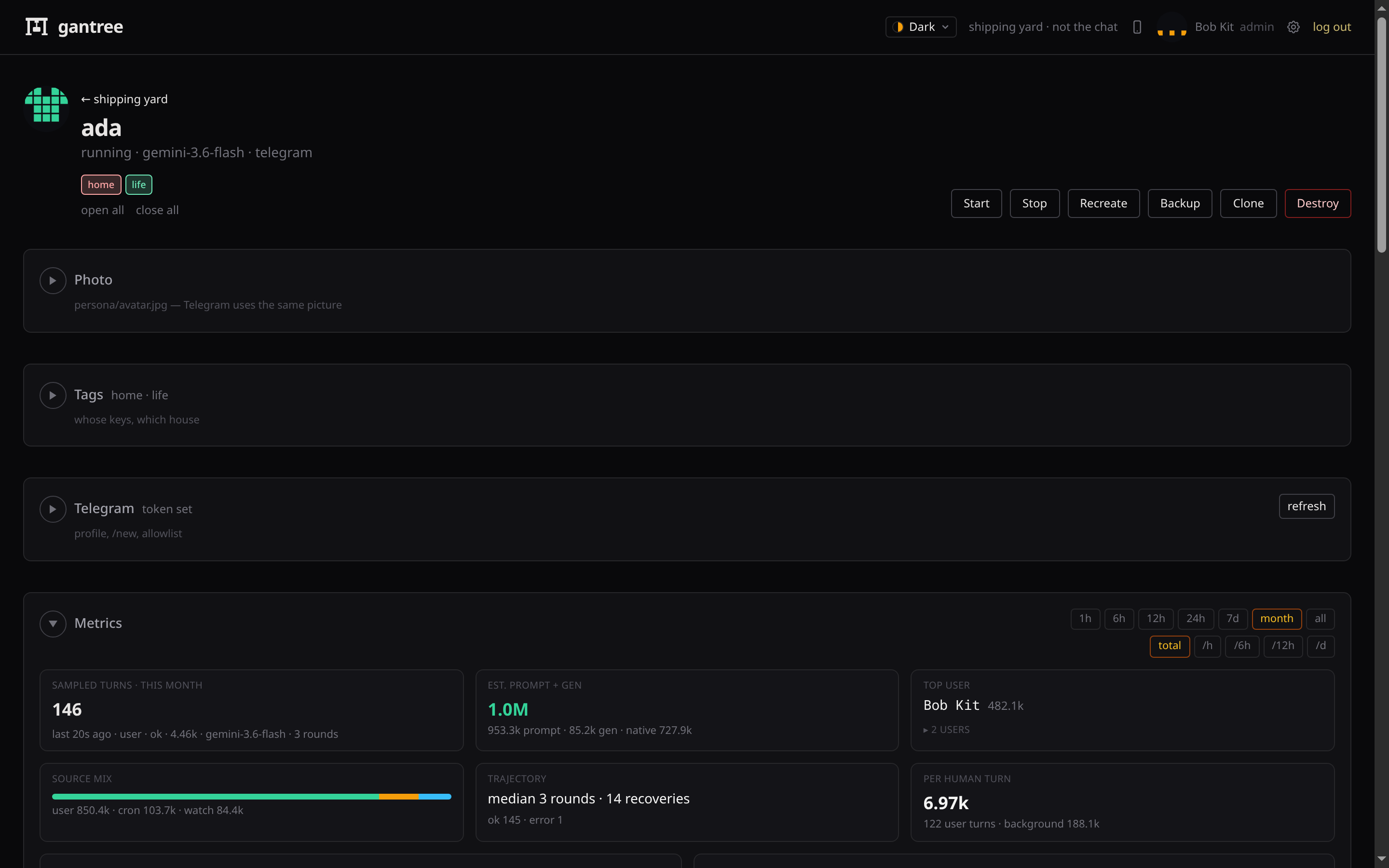 Ada’s dashboard — CPU, memory, MCP, uptime, logs, doctor
