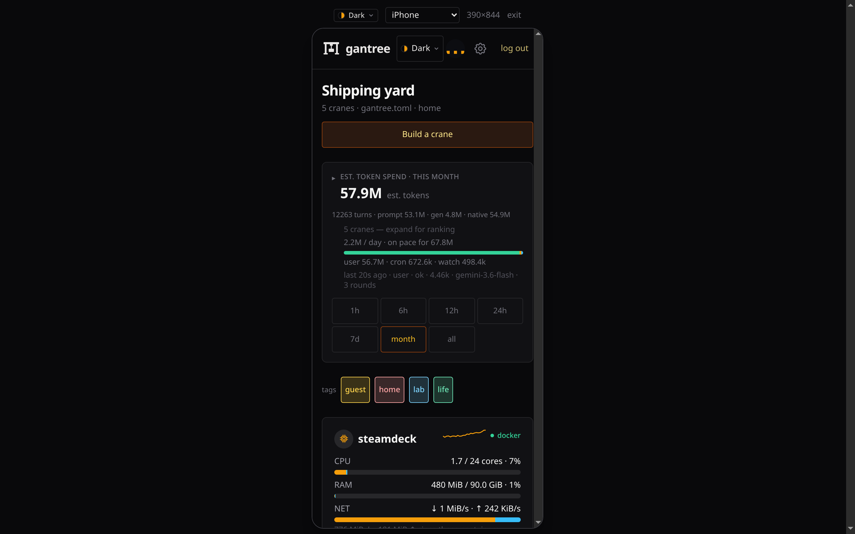 Phone preview — 390px frame in a desktop tab