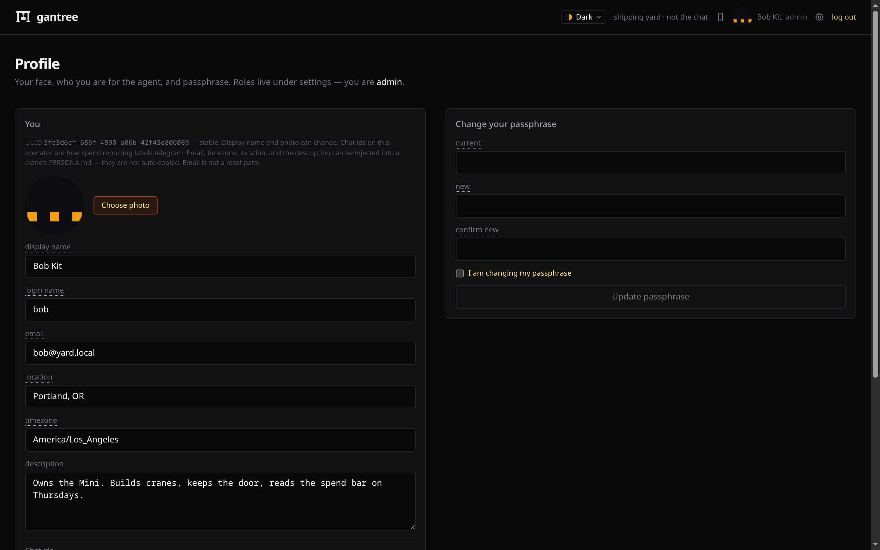 Profile — your face, login name, and passphrase