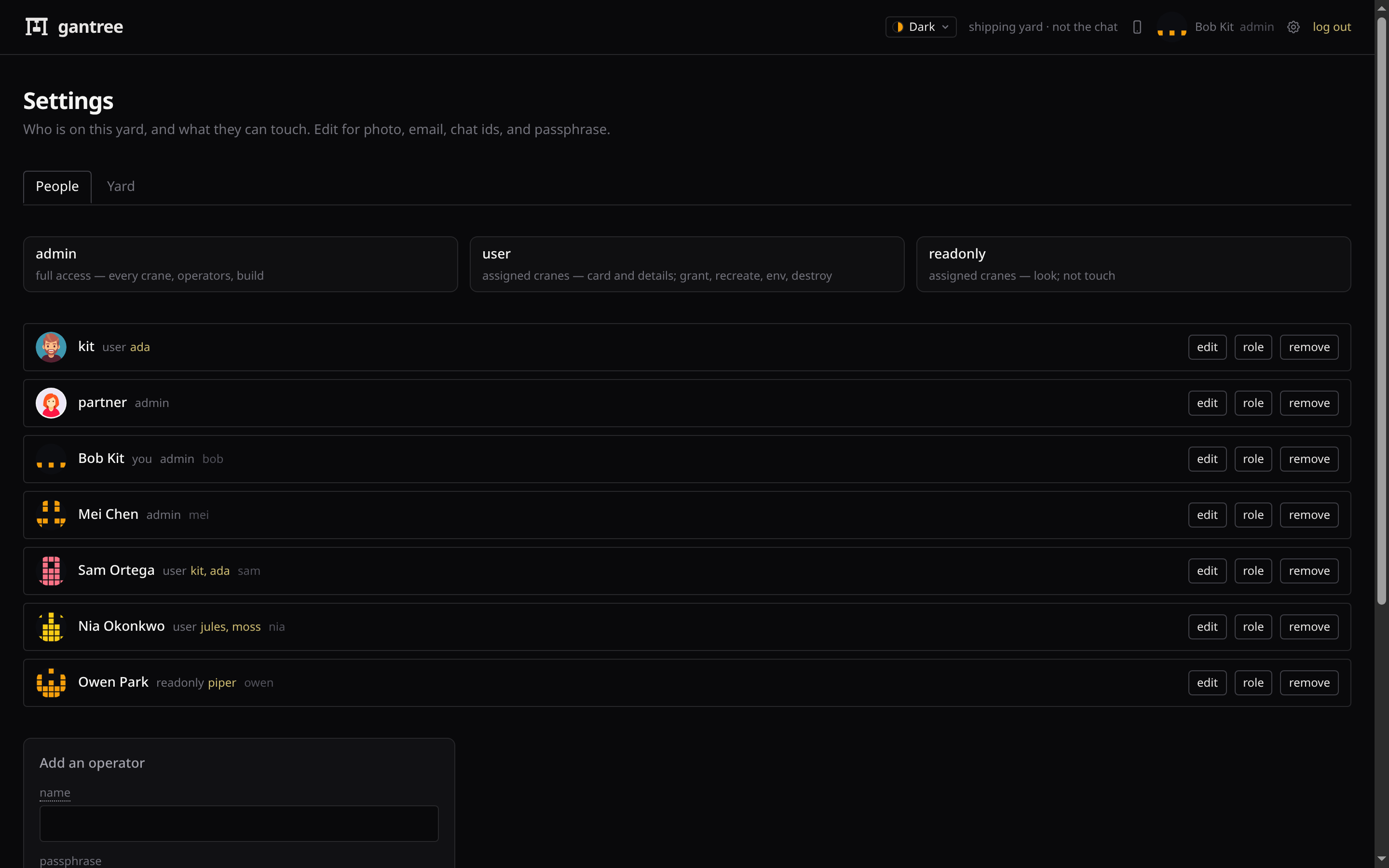 Settings — roles, operators, add. The cog in the header
