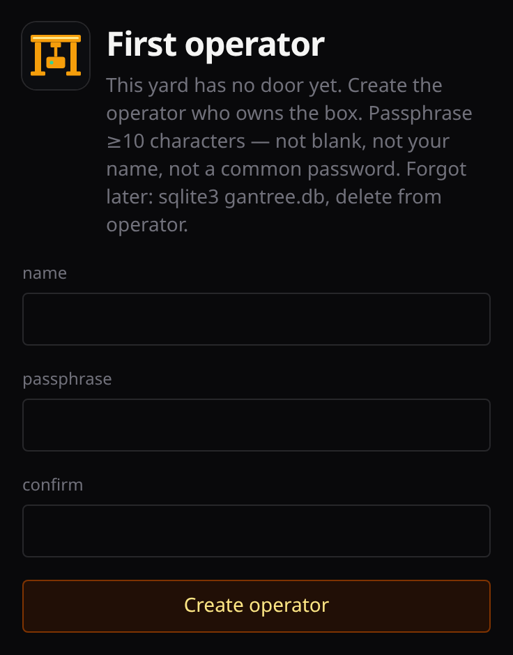 First-boot setup: create the operator who owns the box